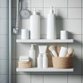 white bottles and tubes with cosmetics on white shelf in the shower stall Royalty Free Stock Photo