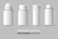 White bottles Vector realistic isolated. Advertise empty container. Cosmetics, Medicine or tooth paste 3d detailed