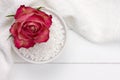 White bowl with bath salt and red rose on top Royalty Free Stock Photo