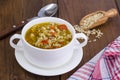 White bowl of chicken and wild rice soup with vegetables Royalty Free Stock Photo