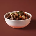 a white bowl filled with beef and vegetables on a red table