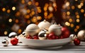 a white bowl filled with christmas ornaments on top of a white wooden table and blurry bokeh Christmas lights background