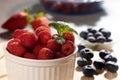 White bowl filled with ripe, juicy raspberries on a table with blueberries