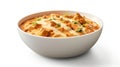 White bowl filled with soup and topped with melted cheese. Perfect for food-related projects and