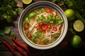 white bowl of flavorful Pho. Spicy vermicelli soup with chili and lime on wooden table, mix of fresh herbs, bean sprouts