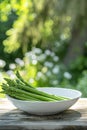 white bowl with fresh asparagus on a wooden background Royalty Free Stock Photo
