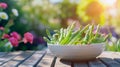white bowl with fresh asparagus on a wooden background Royalty Free Stock Photo