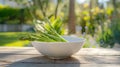 white bowl with fresh asparagus on a wooden background Royalty Free Stock Photo
