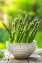 white bowl with fresh asparagus on a wooden background Royalty Free Stock Photo