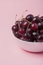 White bowl of fresh red cherries on a pink background. close-up Royalty Free Stock Photo