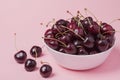 White bowl of fresh red cherries on a pink background. Copy space. close-up Royalty Free Stock Photo