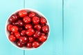 White Bowl Of Fresh Red Cherries On Turquoise Royalty Free Stock Photo