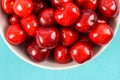 White Bowl Of Fresh Red Cherries On Turquoise Royalty Free Stock Photo