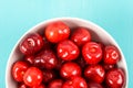 White Bowl Of Fresh Red Cherries On Turquoise Royalty Free Stock Photo