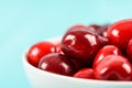 White Bowl Of Fresh Red Cherries On Turquoise Royalty Free Stock Photo