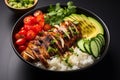 White bowl with grilled chicken, fresh vegetable salad, and rice