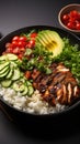 White bowl with grilled chicken, fresh vegetable salad, and rice