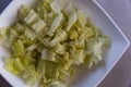 White bowl with lettuce leaves freshly cut for salad