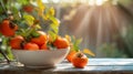 a white bowl of persimmons on a nature background