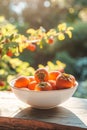 a white bowl of persimmons on a nature background