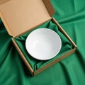 A white bowl is placed inside an open cardboard box lined with green fabric. The box Royalty Free Stock Photo