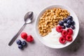 A white bowl with plain yogurt garnished with ripe blueberries and raspberries and granola oatmeal