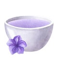 White bowl with purple water, oil, liquid lavender. Aromatherapy, spa, bath. Hand draw watercolor illustration isolated Royalty Free Stock Photo