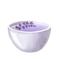 White bowl with purple water, oil, liquid lavender. Aromatherapy, spa, bath. Hand draw watercolor illustration isolated Royalty Free Stock Photo