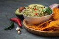 White bowl of traditional Mexican guacamole with nachos on grey concrete background. Tortilla chips with guacamole sauce dip and Royalty Free Stock Photo