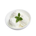 white bowl with white ice cream and green leaf isolated on white. Top view