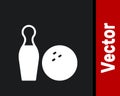 White Bowling pin and ball icon isolated on black background. Sport equipment. Vector Royalty Free Stock Photo