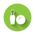 White Bowling pin and ball icon isolated with long shadow. Sport equipment. Green circle button. Vector Royalty Free Stock Photo