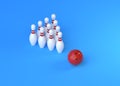 White bowling pins in form of triangle and bowling ball on blue background Royalty Free Stock Photo