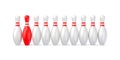 White bowling pins lined and red one. 3D Royalty Free Stock Photo