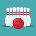 White bowling skittles and red ball. Vector illustration Royalty Free Stock Photo