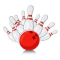 White bowling splits red ball