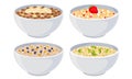 White Bowls of Breakfast Cereal and Cornflakes with Berries Vector Set