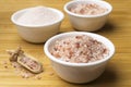 White bowls with coarse and fine pink sea salt Royalty Free Stock Photo