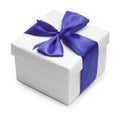 White box anf blue bow and ribbon.