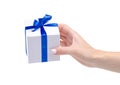 White box with blue ribbon bow gift in hand Royalty Free Stock Photo