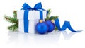 White box blue ribbon, pine tree branch and two hristmas balls Royalty Free Stock Photo