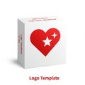 White box featuring a large red heart with two white stars inside. Red text on top reads Royalty Free Stock Photo