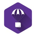 White Box flying on parachute icon isolated with long shadow. Parcel with parachute for shipping. Delivery service, air Royalty Free Stock Photo