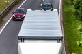 White box lorry truck on uk motorway in fast motion overhead view Royalty Free Stock Photo