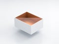 White Box Mockup with transparent plastic window and golden foil cardboard inside in light studio, blister