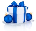 White box tied blue ribbon bow and two Christmas balls Isolated Royalty Free Stock Photo