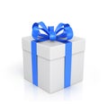 The white box wrapped with blue ribbon with Royalty Free Stock Photo