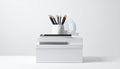 White boxes holding pencils notebook and protractor Royalty Free Stock Photo