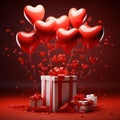 White boxes with red bows and heart-shaped balloons, with hearts in the background. Gifts as a day symbol of present and love Royalty Free Stock Photo