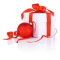 White boxs with a red ribbon and christmas ball Royalty Free Stock Photo